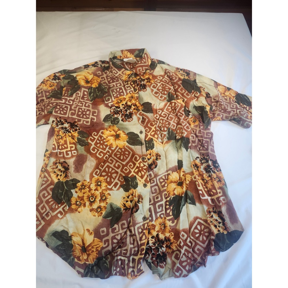 Touche LA‎ Womens Plus Size 20W Rayon Floral Geometric Button Up Shirt Brown Tan